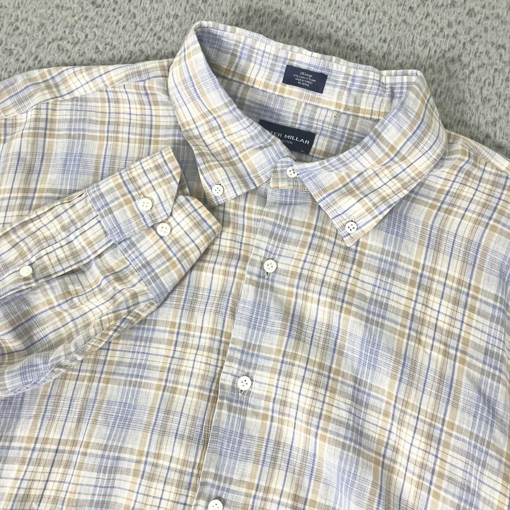 Peter Millar Shirt Mens 2XL Beige Blue Plaid Long Sleeve Linen Cotton Button Up